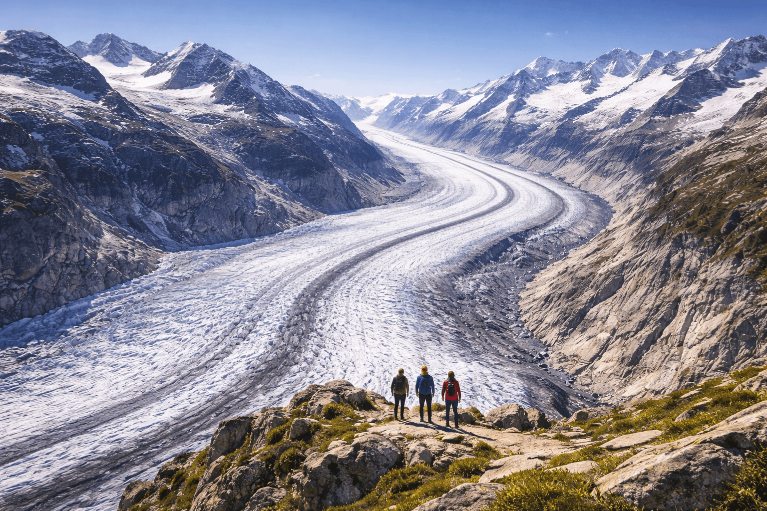 Aletsch Glacier and Vibrant Hikers